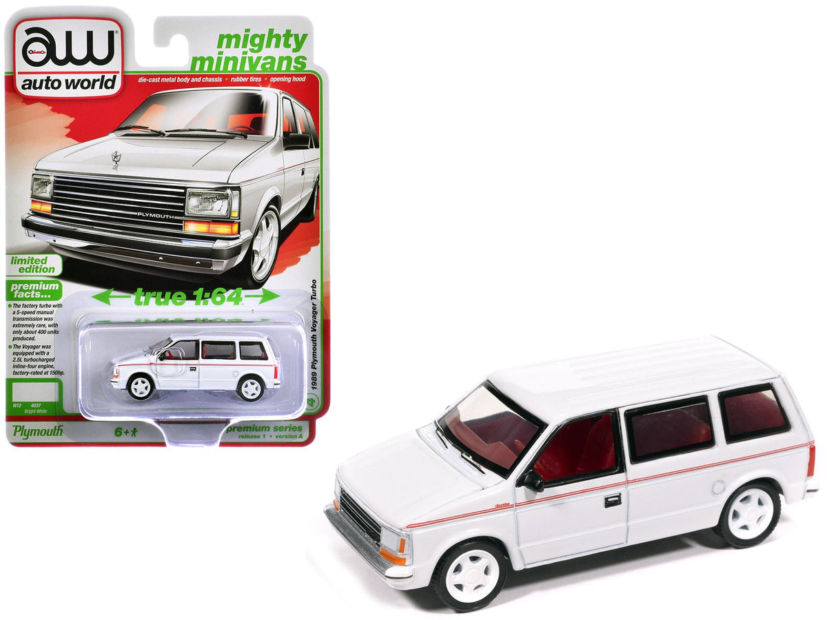 1989 Plymouth Voyager Turbo Van Bright White with Red Stripes and Interior "Mighty Minivans" Series 1/64 Diecast Model Car by Auto World-Autoworld-ModelCars.com