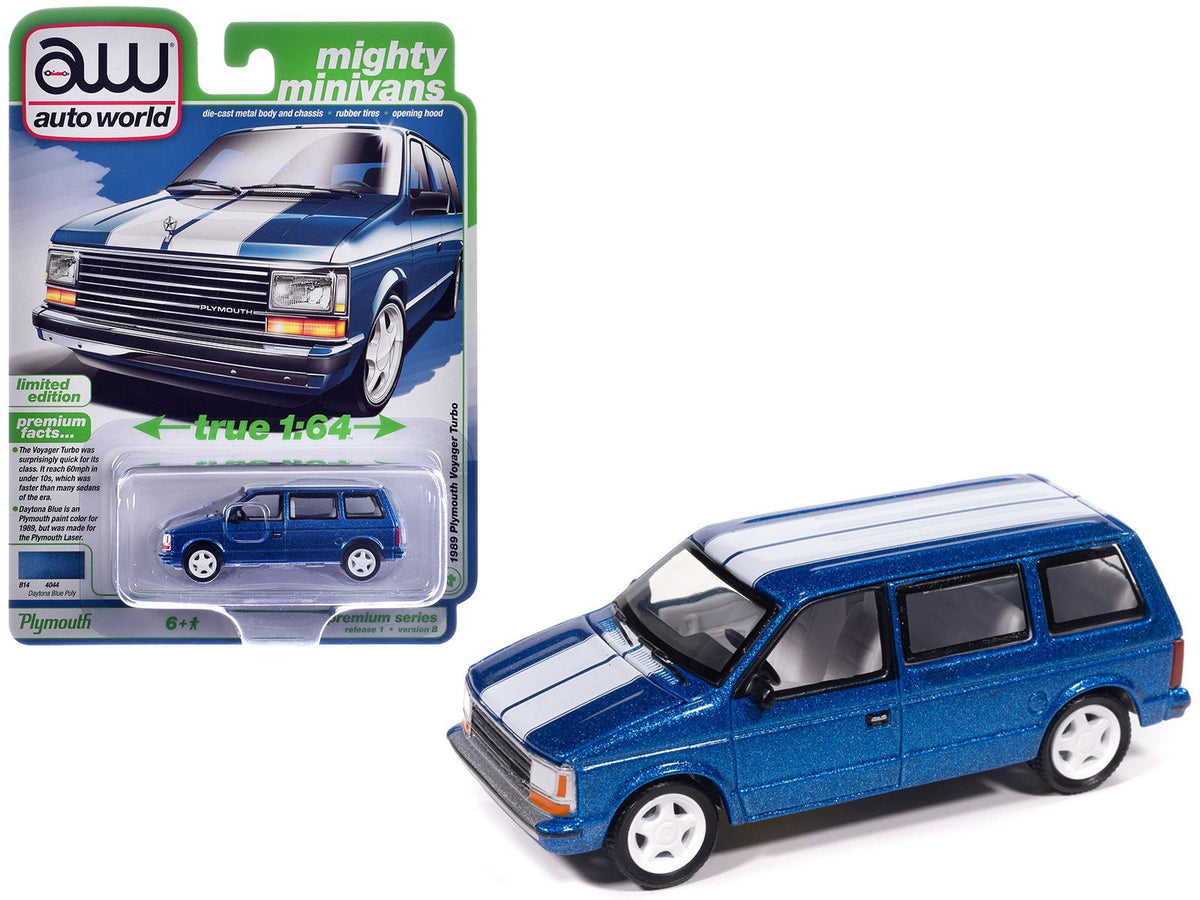1989 Plymouth Voyager Turbo Van Daytona Blue Metallic with White Stripes and Interior "Mighty Minivans" Series 1/64 Diecast Model Car by Auto World-Autoworld-ModelCars.com