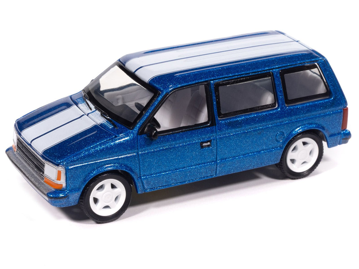 1989 Plymouth Voyager Turbo Van Daytona Blue Metallic with White Stripes and Interior "Mighty Minivans" Series 1/64 Diecast Model Car by Auto World-Autoworld-ModelCars.com