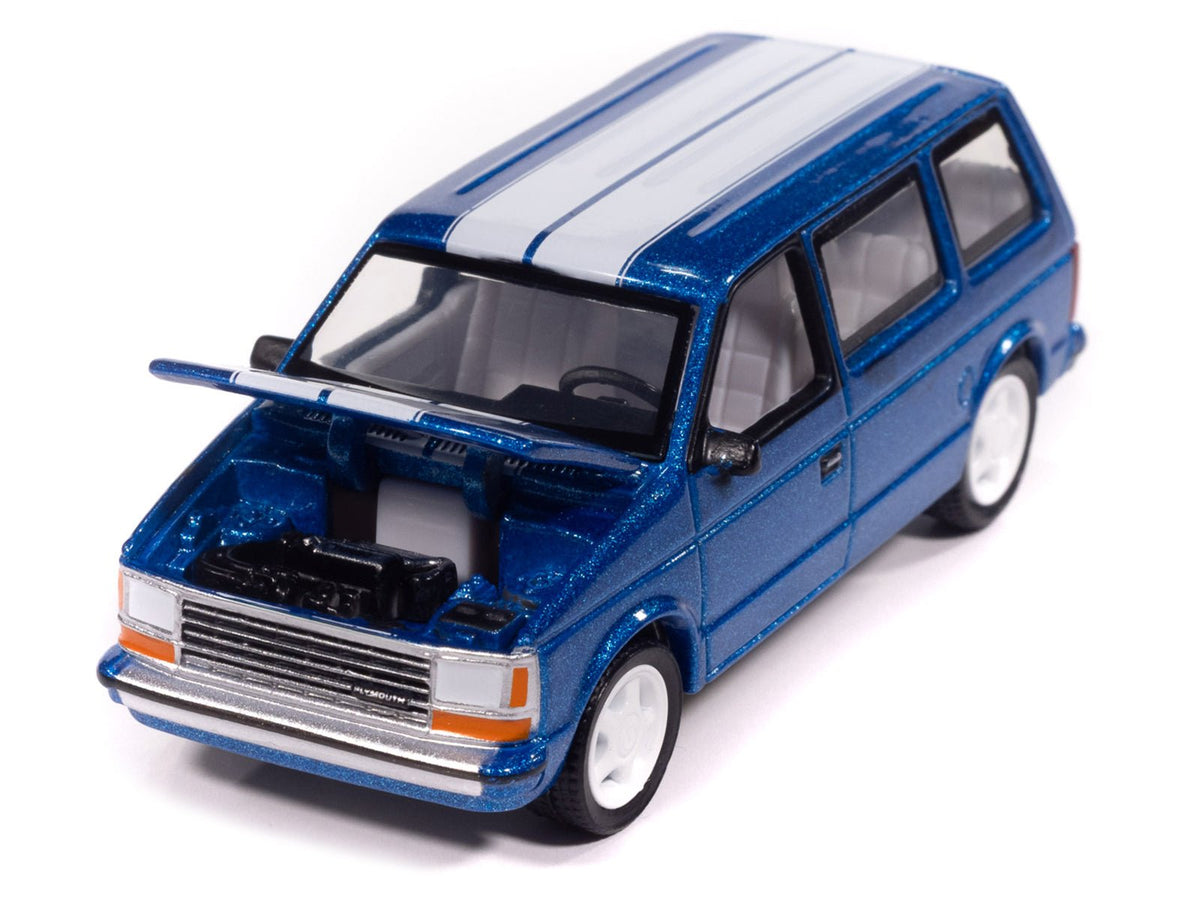 1989 Plymouth Voyager Turbo Van Daytona Blue Metallic with White Stripes and Interior "Mighty Minivans" Series 1/64 Diecast Model Car by Auto World-Autoworld-ModelCars.com
