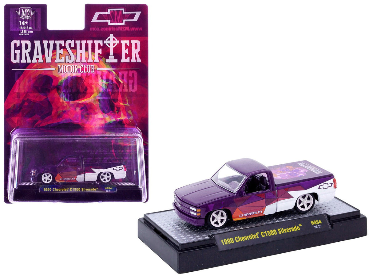 1990 Chevrolet C1500 Silverado Pickup Truck "Graveshifter Motor Club" Purple with Graphics and 3D Glasses Limited Edition to 18018 pieces Worldwide 1/64 Diecast Model Car by M2 Machines-M2-ModelCars.com