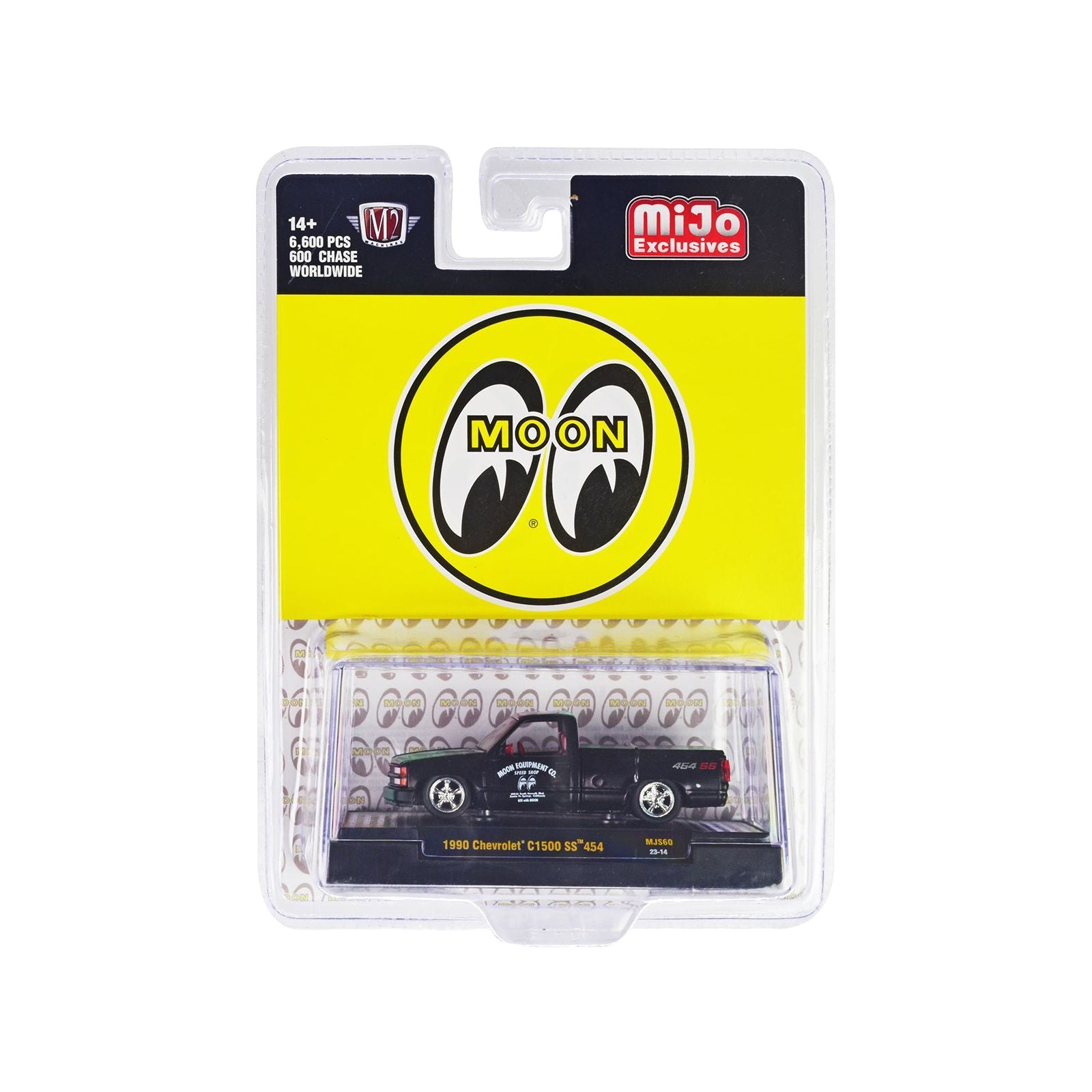 1990 Chevrolet C1500 SS 454 Pickup Truck Matt Black with Red Interior "Mooneyes - Moon Equipment Co." Limited Edition to 6600 pieces Worldwide 1/64 Diecast Model Car by M2 Machines - M2 - ModelCars.com