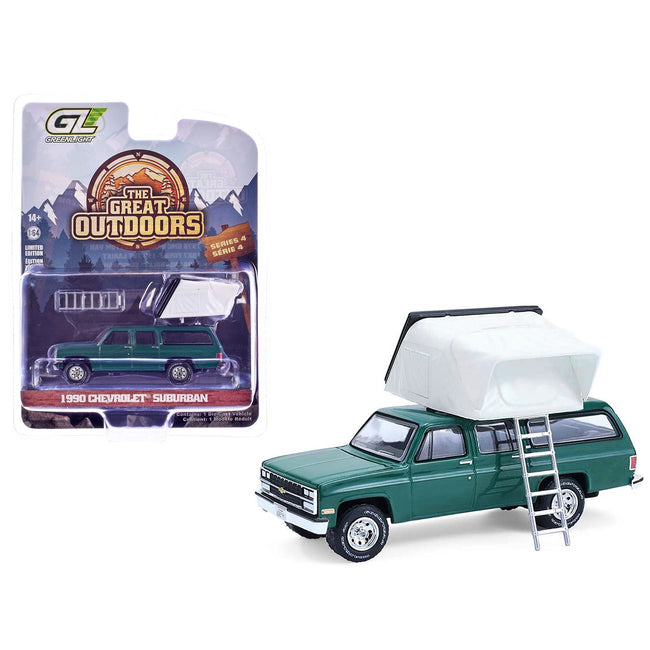 1990 Chevrolet Suburban Green with Modern Rooftop Camper "The Great Outdoors" Series 4 1/64 Diecast Model Car by Greenlight-Greenlight-ModelCars.com