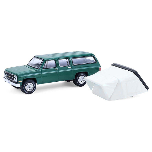 1990 Chevrolet Suburban Green with Modern Rooftop Camper "The Great Outdoors" Series 4 1/64 Diecast Model Car by Greenlight-Greenlight-ModelCars.com