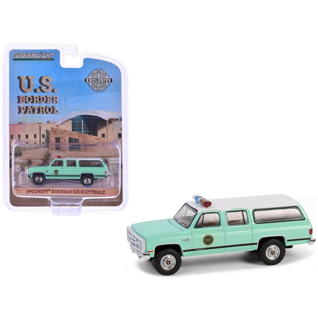 1990 Chevrolet Suburban K20 Scottsdale "United States Border Patrol" Light Green with White Top "Hobby Exclusive" Series 1/64 Diecast Model Car by Greenlight-Greenlight-ModelCars.com