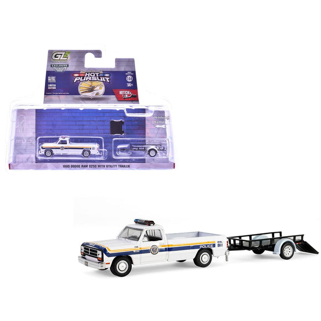 1990 Dodge Ram D250 Pickup Truck "Philadelphia PA Police Department" White with Stripes and Utility Trailer "Hot Pursuit Hitch & Tow" Series 1 1/64 Diecast Model Cars by Greenlight-Greenlight-ModelCars.com