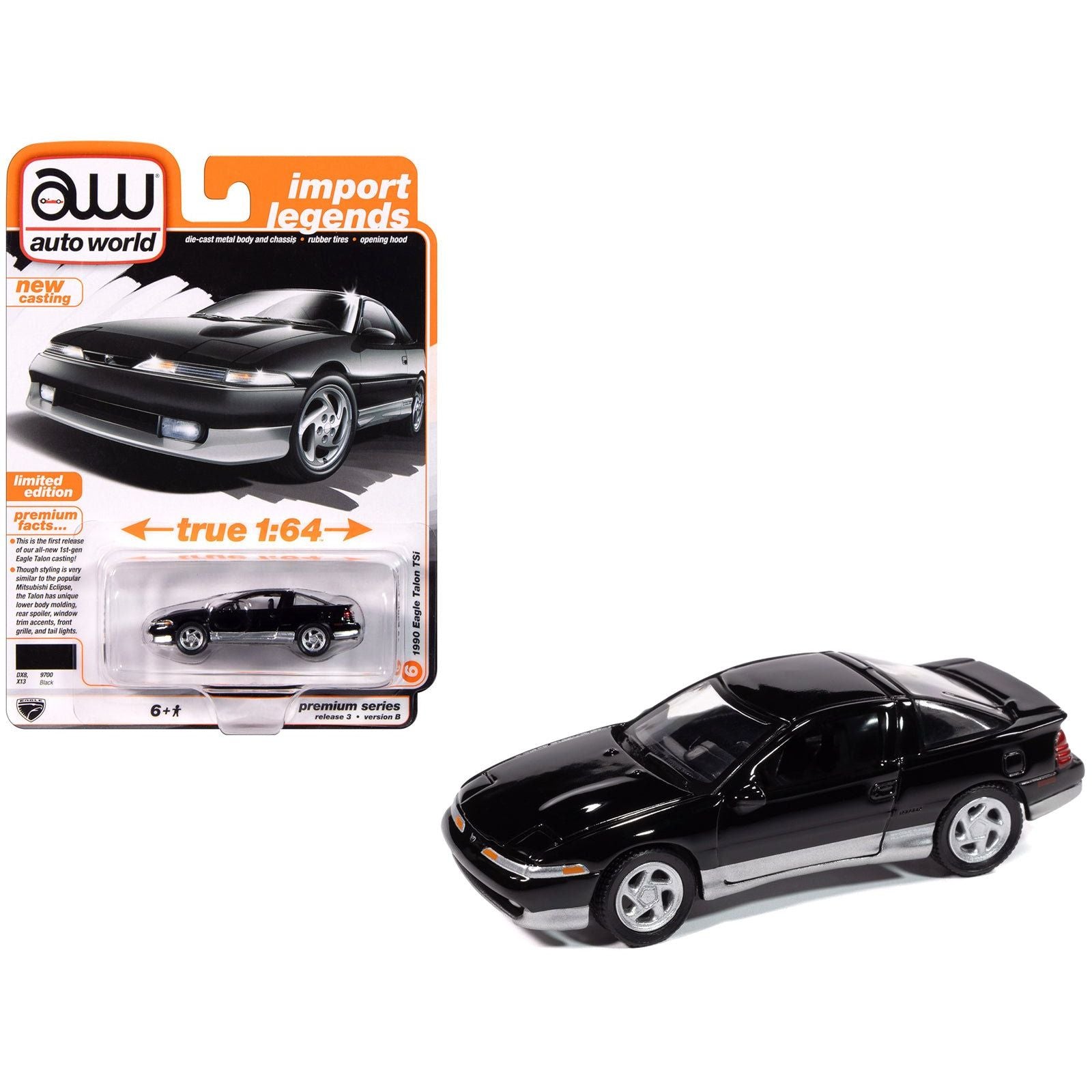 1990 Eagle Talon TSi Black with Sun Roof "Import Legends" Series 1/64 Diecast Model Car by Auto World - Autoworld - ModelCars.com