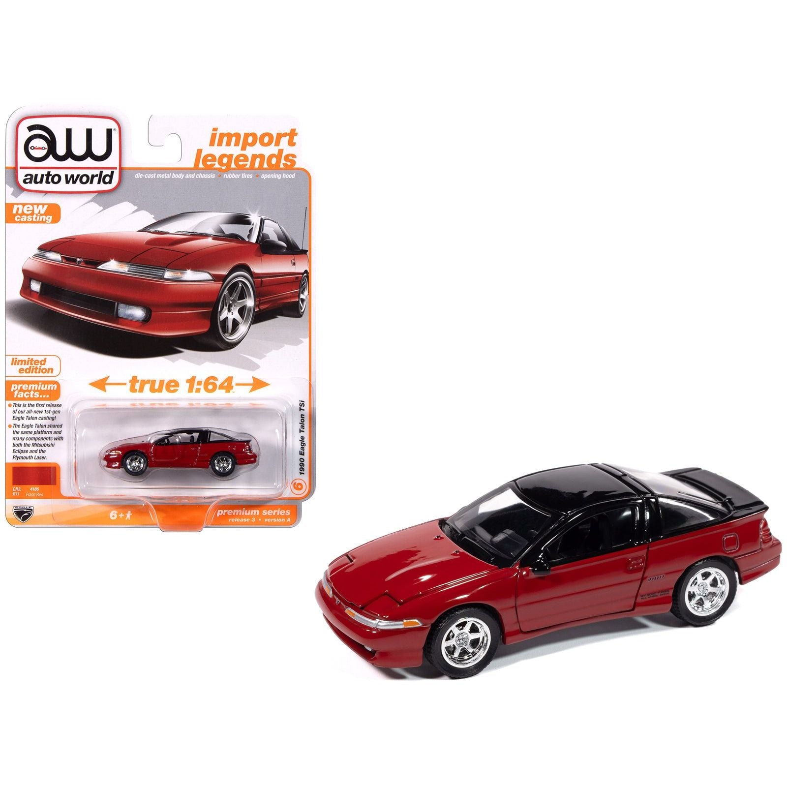 1990 Eagle Talon TSi Flash Red with Black Top and Sun Roof "Import Legends" Series 1/64 Diecast Model Car by Auto World - Autoworld - ModelCars.com