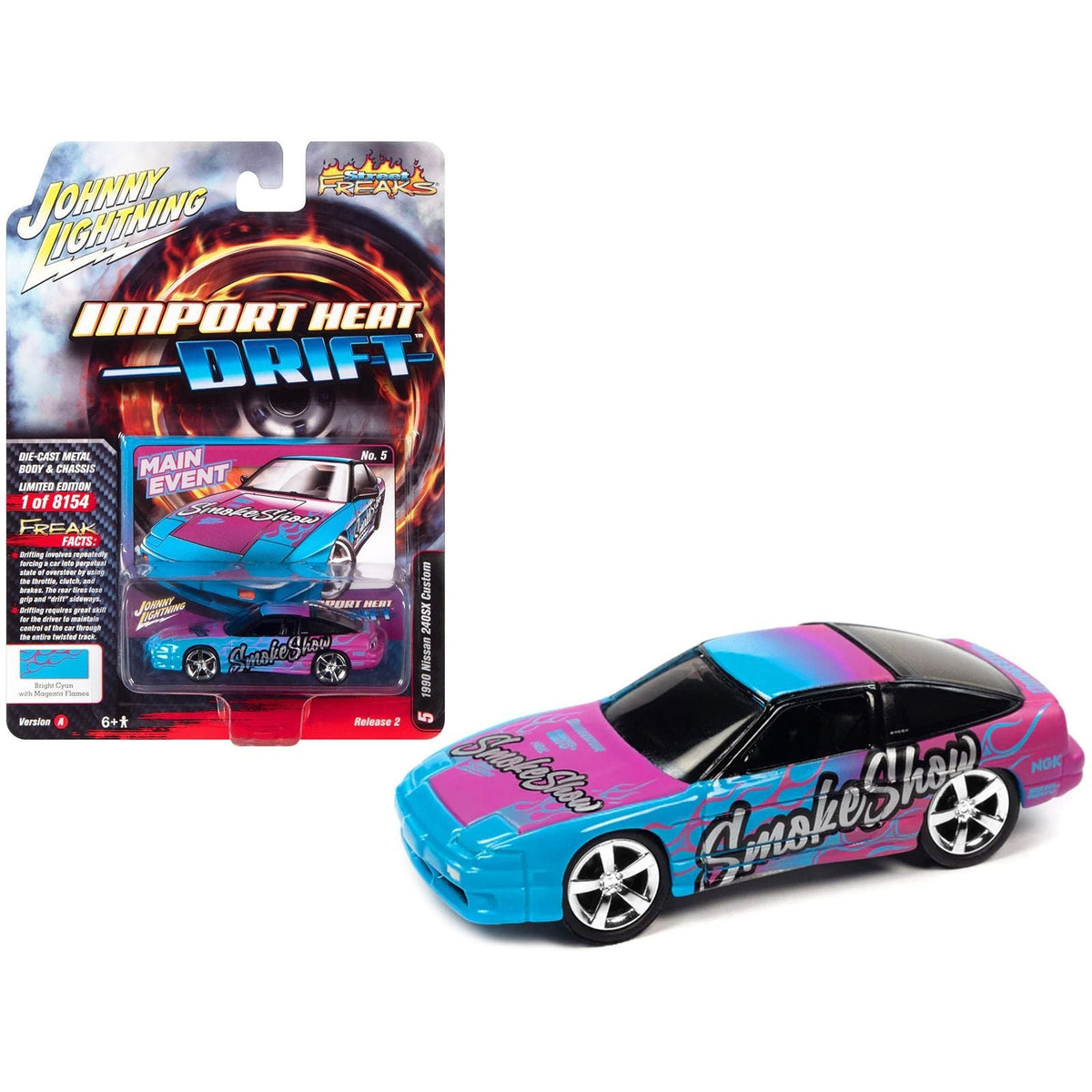 1990 Nissan 240SX Custom Bright Cyan Blue with Magenta Flames "Smoke Show" "Import Hear Drift" Series Limited Edition to 8154 pieces Worldwide 1/64 Diecast Model Car by Johnny Lightning-Johnny Lightning-ModelCars.com