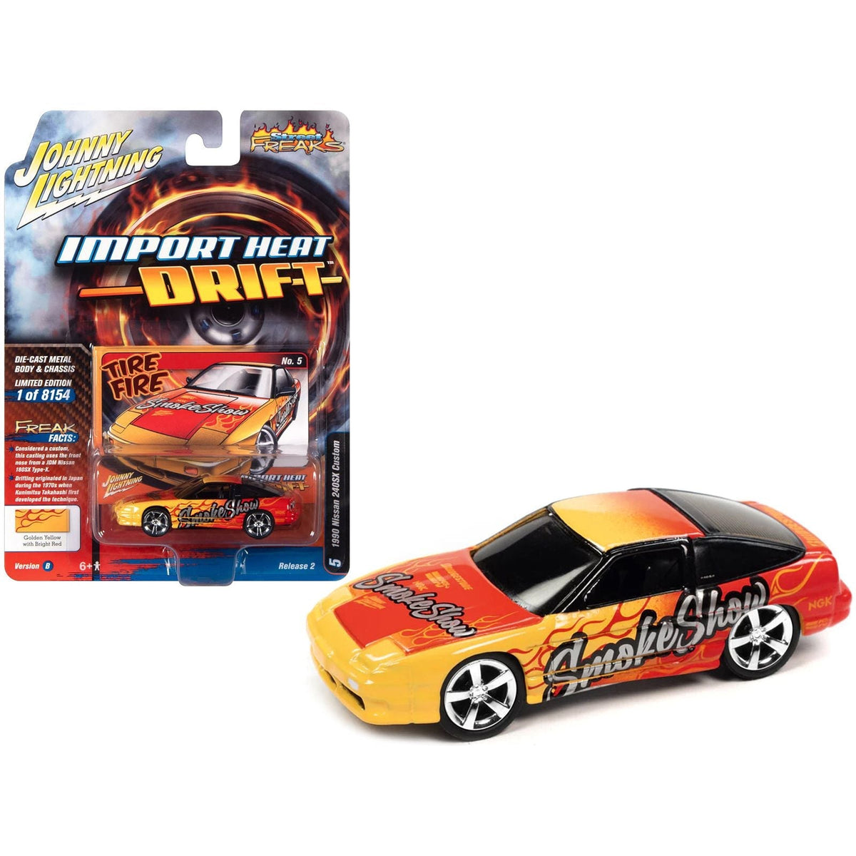 1990 Nissan 240SX Custom Golden Yellow with Bright Red Flames "Smoke Show" "Import Hear Drift" Series Limited Edition to 8154 pieces Worldwide 1/64 Diecast Model Car by Johnny Lightning-Johnny Lightning-ModelCars.com