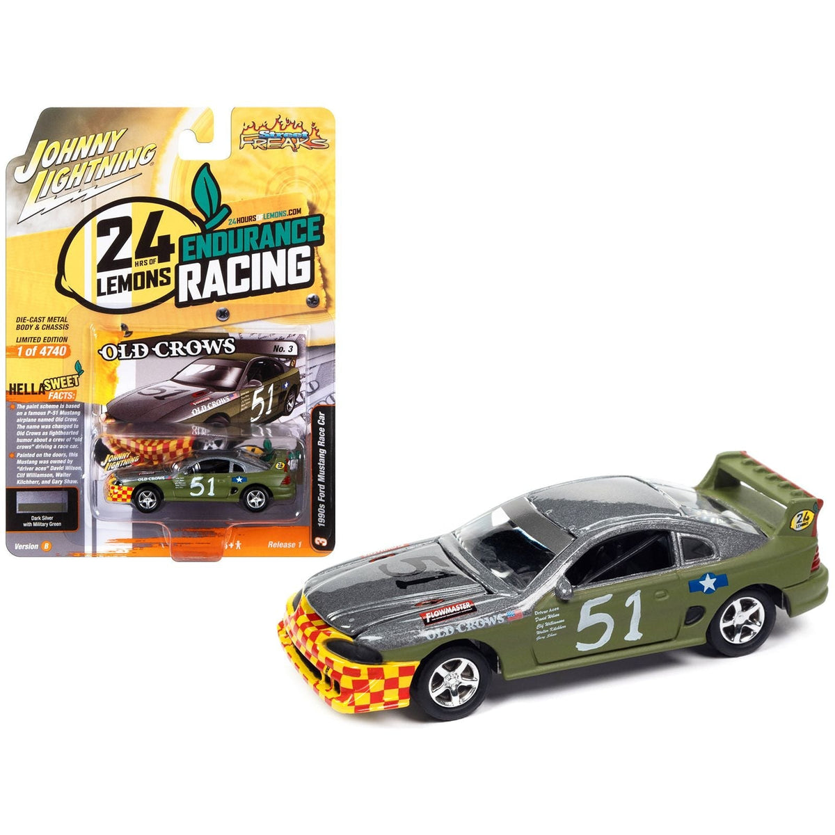 1990s Ford Mustang Race Car 51 Military Green and Dark Silver Metallic "Old Crows" "24 Hours of Lemons" Limited Edition to 4740 pieces Worldwide "Street Freaks" Series 1/64 Diecast Model Car by Johnny Lightning-Johnny Lightning-ModelCars.com