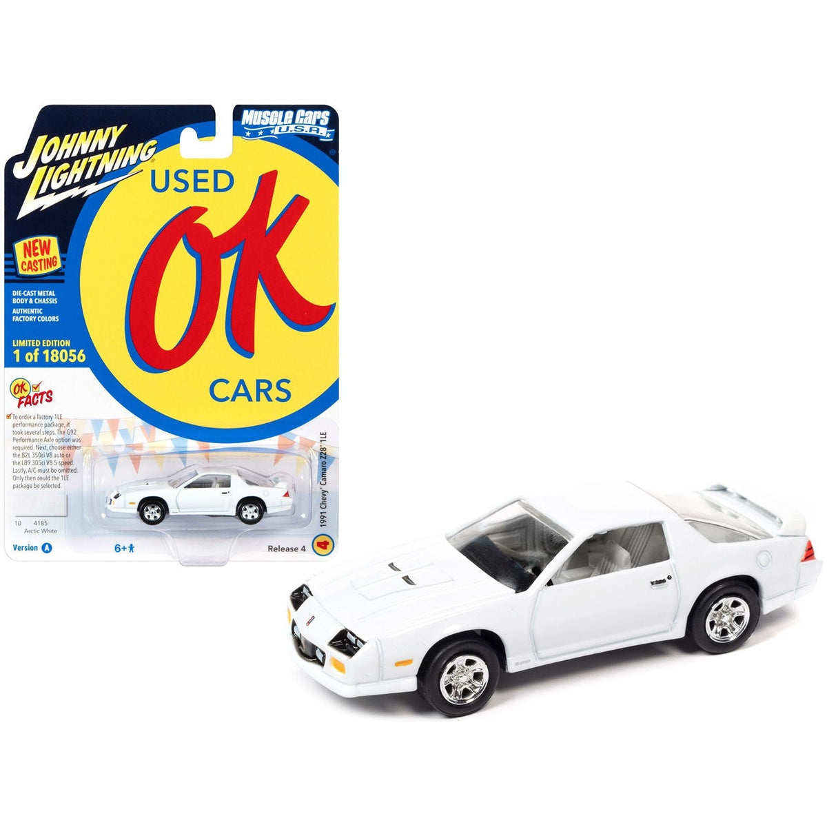 1991 Chevrolet Camaro Z28 1LE Arctic White "OK Used Cars" Series Limited Edition to 18056 pieces Worldwide 1/64 Diecast Model Car by Johnny Lightning-Johnny Lightning-ModelCars.com