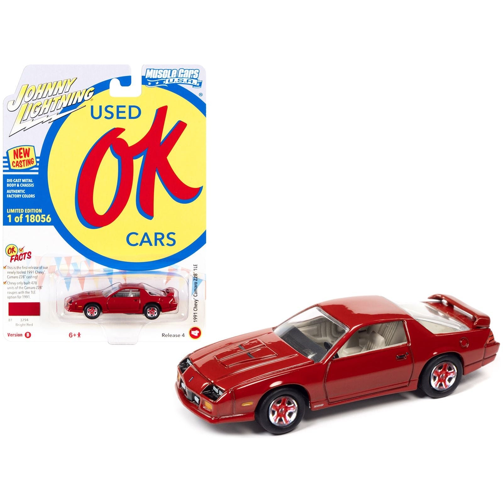 1991 Chevrolet Camaro Z28 1LE Bright Red "OK Used Cars" Series Limited Edition to 18056 pieces Worldwide 1/64 Diecast Model Car by Johnny Lightning - Johnny Lightning - ModelCars.com