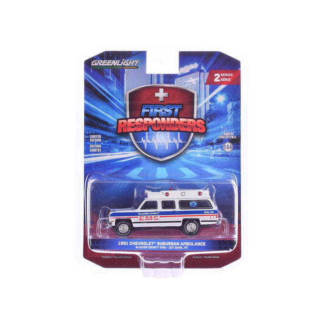 1991 Chevrolet Suburban Ambulance "Glacier County EMS - Cut Bank Montana" White with Blue and Red Stripes "First Responders" 1/64 Diecast Model Car by Greenlight-Greenlight-ModelCars.com