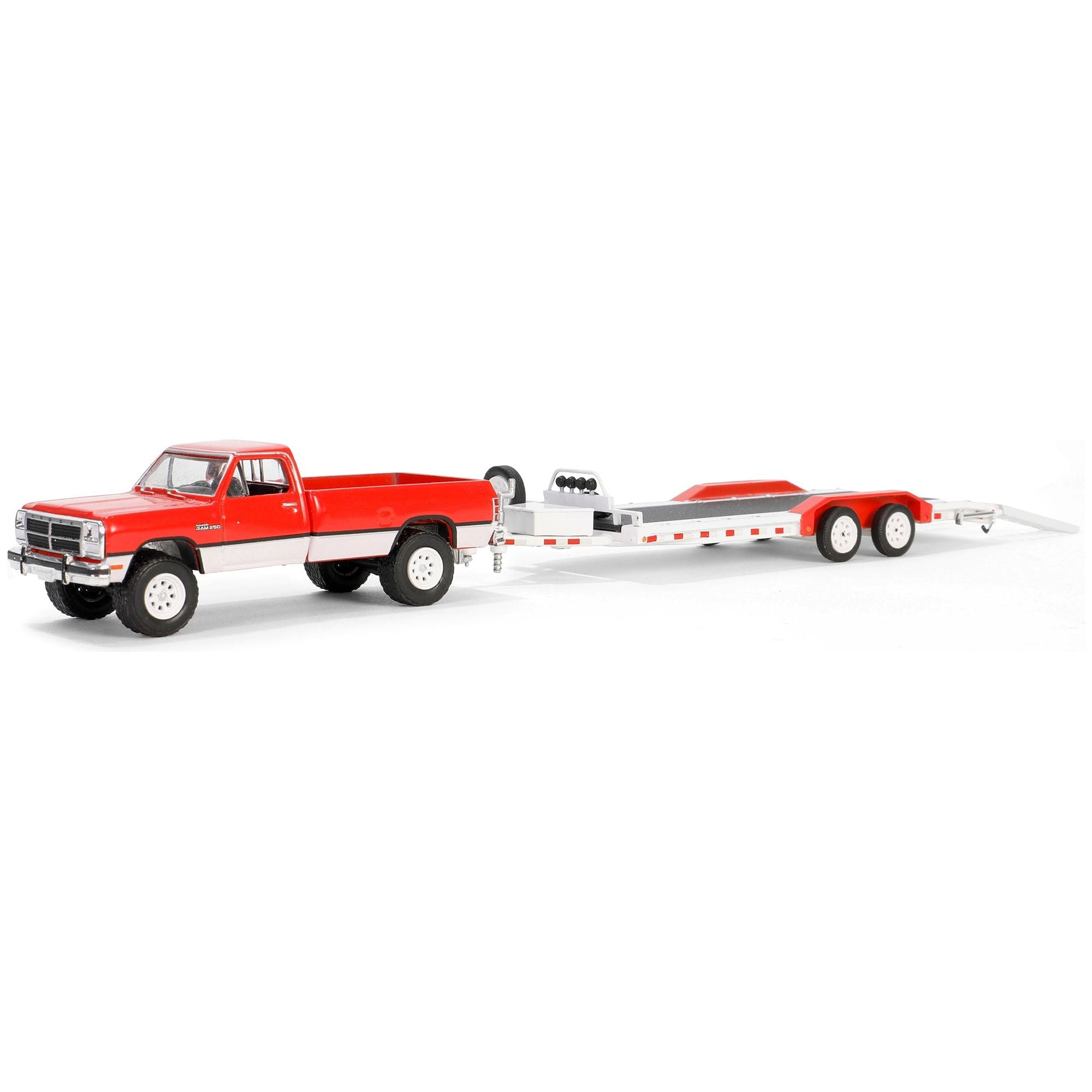 1991 Dodge Ram Power Ram 250 Pickup Truck Red and White with Heavy Duty Car Hauler "Hitch & Tow Series" 31 1/64 Diecast Model Car by Greenlight - Greenlight - ModelCars.com
