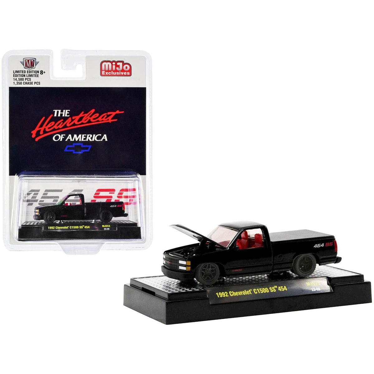 1992 Chevrolet C1500 SS 454 Pickup Truck Black with Red Interior "The Heartbeat of America" Limited Edition to 14580 pieces Worldwide 1/64 Diecast Model Car by M2 Machine-M2-ModelCars.com
