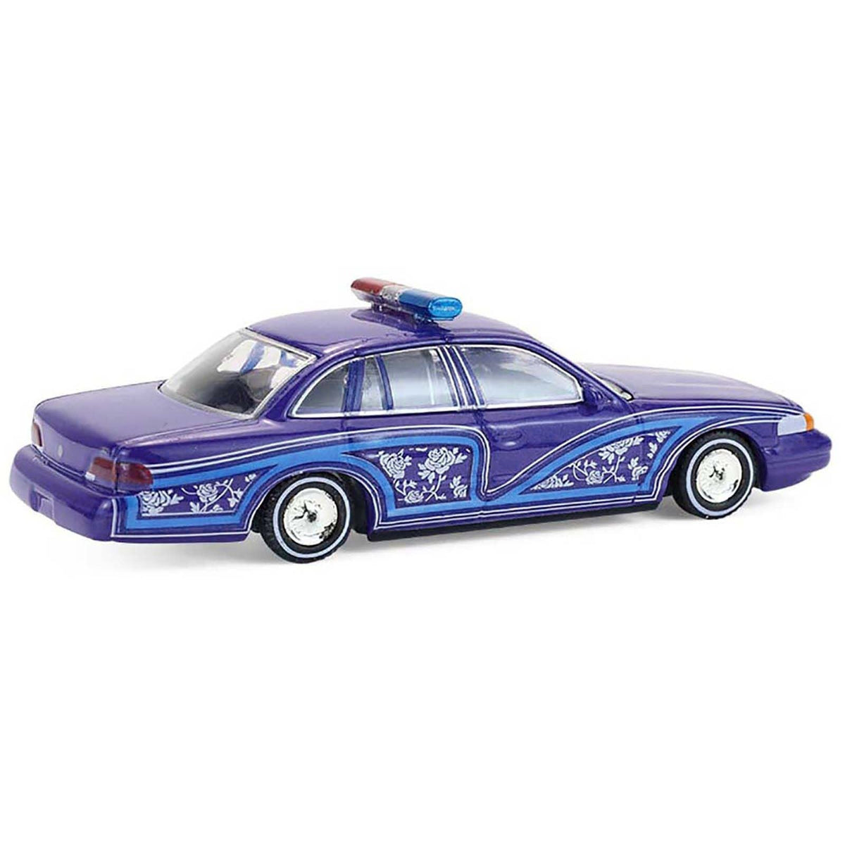 1992 Ford Crown Victoria Lowrider Blue with Graphics and Lightbar "California Lowriders" Series 7 1/64 Diecast Model Car by Greenlight-Greenlight-ModelCars.com