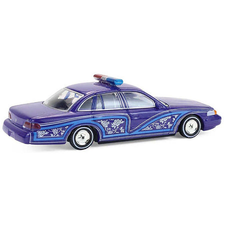 1992 Ford Crown Victoria Lowrider Blue with Graphics and Lightbar "California Lowriders" Series 7 1/64 Diecast Model Car by Greenlight-Greenlight-ModelCars.com