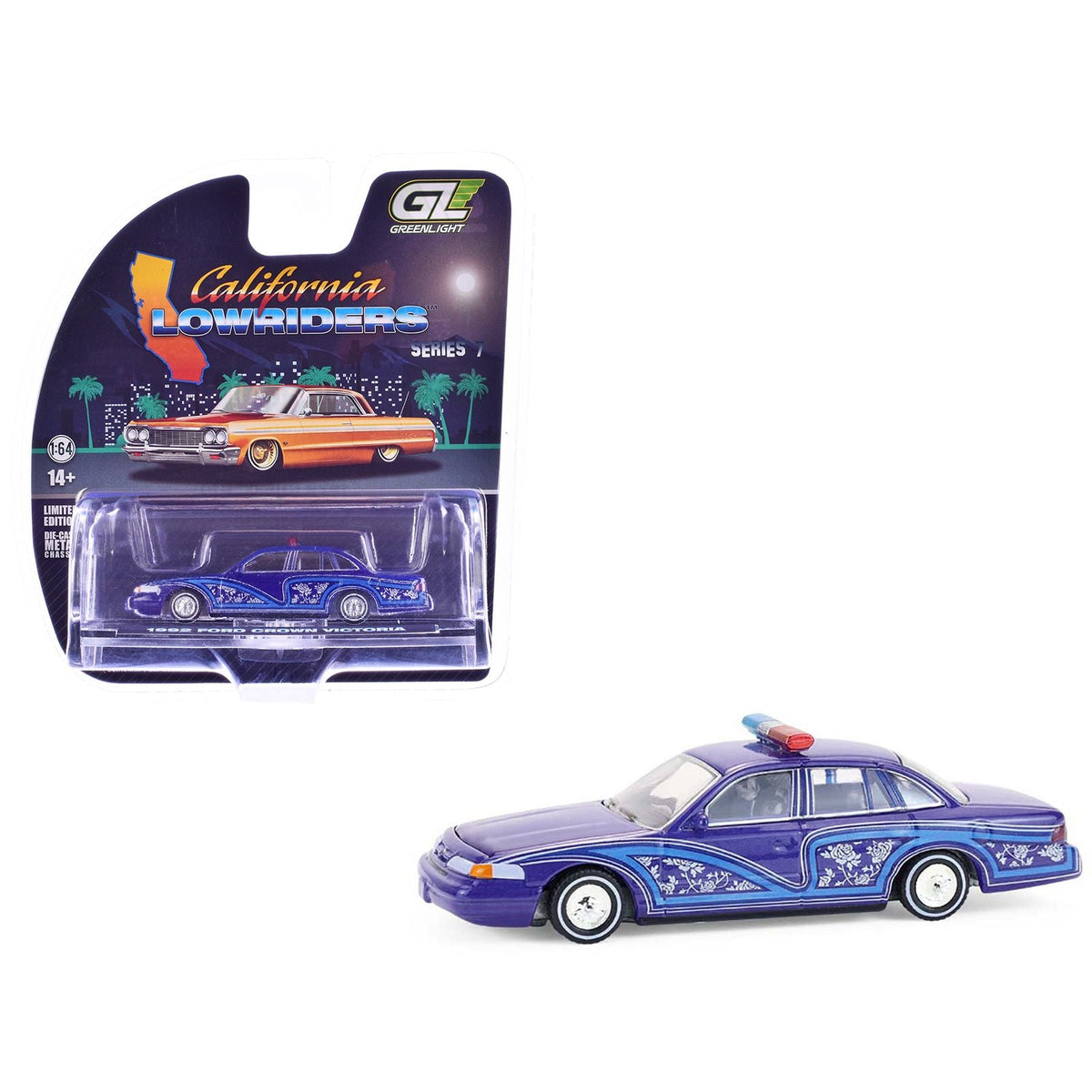 1992 Ford Crown Victoria Lowrider Blue with Graphics and Lightbar "California Lowriders" Series 7 1/64 Diecast Model Car by Greenlight-Greenlight-ModelCars.com