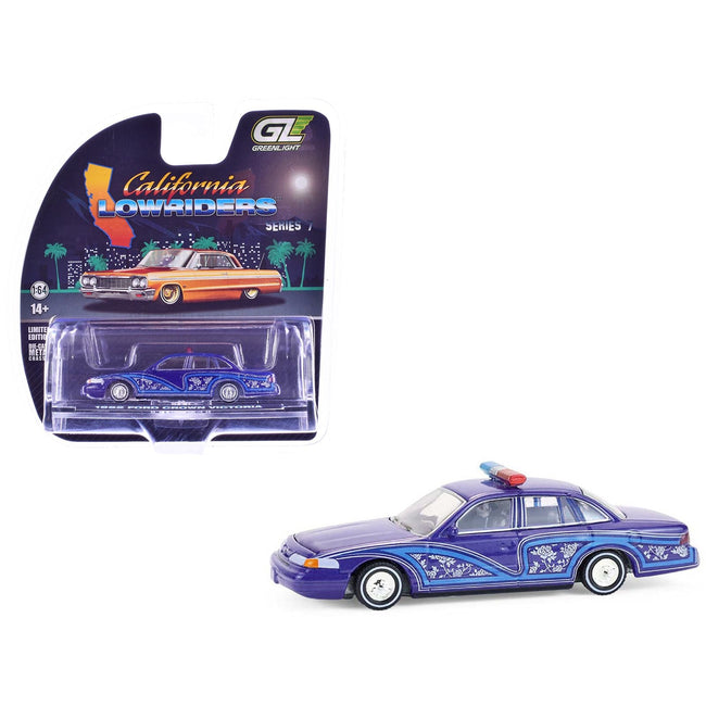 1992 Ford Crown Victoria Lowrider Blue with Graphics and Lightbar "California Lowriders" Series 7 1/64 Diecast Model Car by Greenlight-Greenlight-ModelCars.com