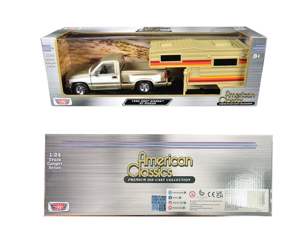1992 GMC Sierra GT Pickup Truck Gold Metallic with White Sides with Camper Shell "American Classics" Series 1/24 Diecast Model Car by Motormax-Motormax-ModelCars.com