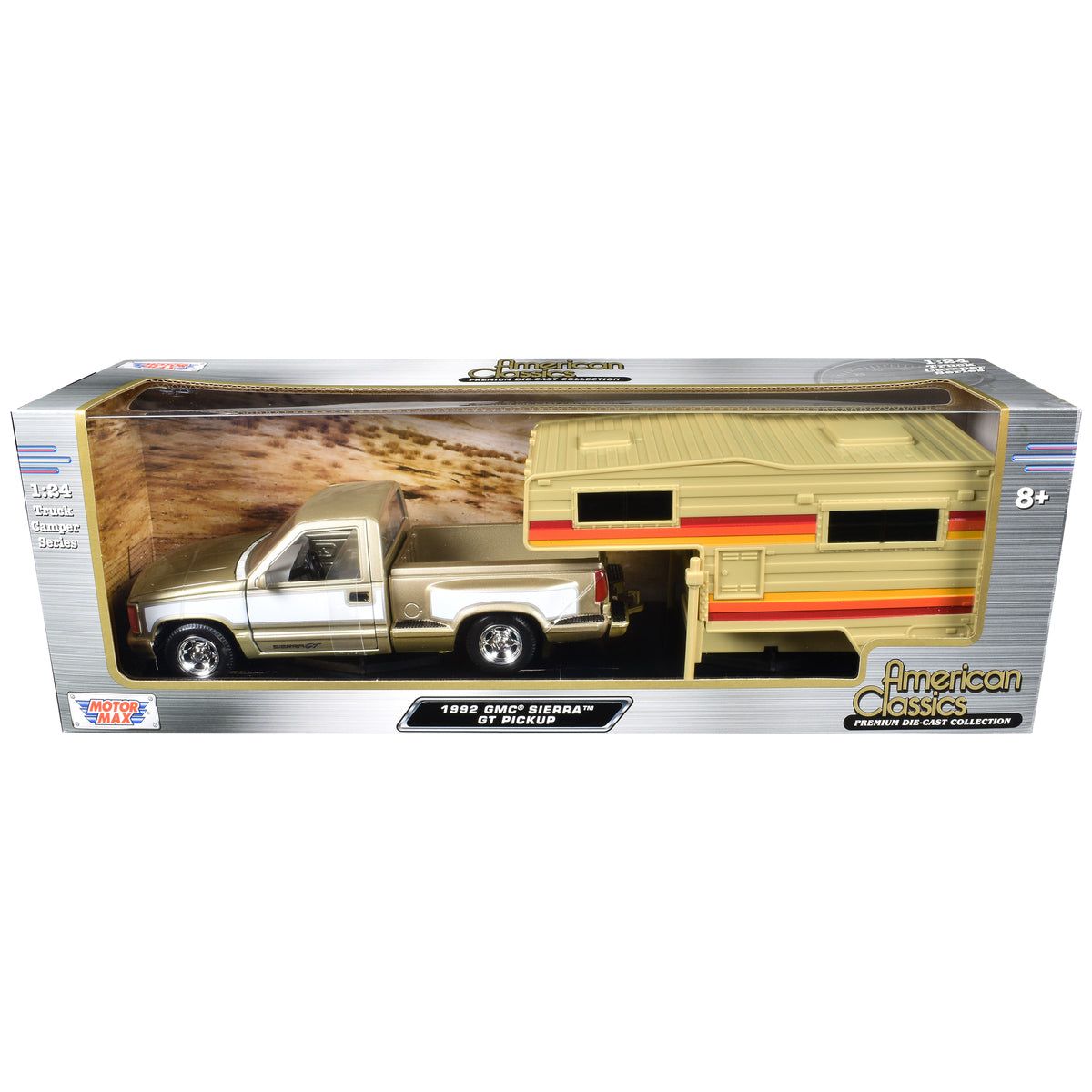 1992 GMC Sierra GT Pickup Truck Gold Metallic with White Sides with Camper Shell "American Classics" Series 1/24 Diecast Model Car by Motormax - Motormax - ModelCars.com