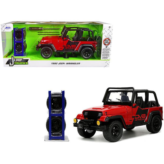 1992 Jeep Wrangler DV8 Off - Road Red with Matt Black Stripes with Extra Wheels "Just Trucks" Series 1/24 Diecast Model Car by Jada - Jada - ModelCars.com
