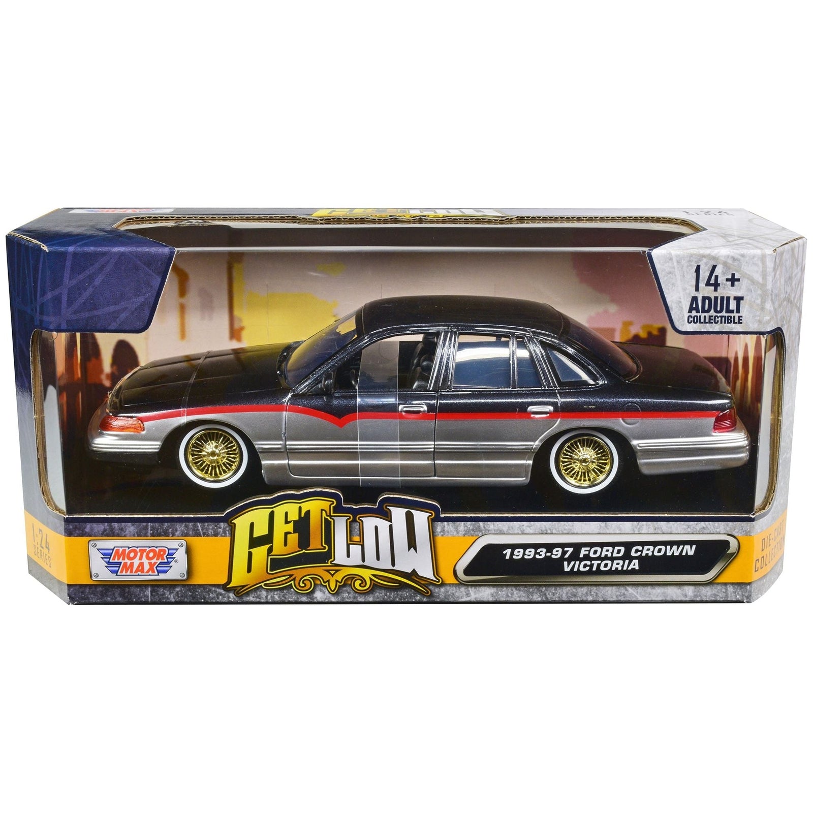 1993 - 1997 Ford Crown Victoria Lowrider Black Metallic and Silver with Red Stripes "Get Low" Series 1/24 Diecast Model Car by Motormax - Motormax - ModelCars.com