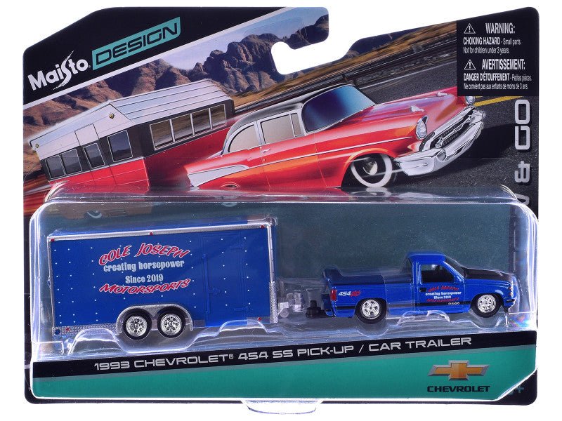 1993 Chevrolet 454 SS Pickup Truck Blue Metallic with Black Hood and Car Trailer Blue Metallic "Cole Joseph Motorsports" "Tow & Go" Series 1/64 Diecast Model Car by Maisto-Maisto-ModelCars.com