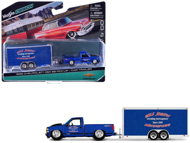 1993 Chevrolet 454 SS Pickup Truck Blue Metallic with Black Hood and Car Trailer Blue Metallic "Cole Joseph Motorsports" "Tow & Go" Series 1/64 Diecast Model Car by Maisto-Maisto-ModelCars.com