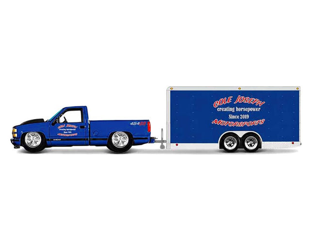 1993 Chevrolet 454 SS Pickup Truck Blue Metallic with Black Hood and Car Trailer Blue Metallic "Cole Joseph Motorsports" "Tow & Go" Series 1/64 Diecast Model Car by Maisto-Maisto-ModelCars.com