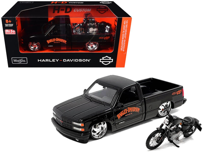 1993 Chevrolet 454 SS Pickup Truck "Harley Davidson" Black and 2007 Harley-Davidson XL 1200N Nightster Motorcycle Black "H-D Custom" Series 1/24 Diecast Model Car by Maisto-Maisto-ModelCars.com