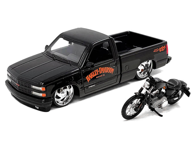 1993 Chevrolet 454 SS Pickup Truck "Harley Davidson" Black and 2007 Harley-Davidson XL 1200N Nightster Motorcycle Black "H-D Custom" Series 1/24 Diecast Model Car by Maisto-Maisto-ModelCars.com