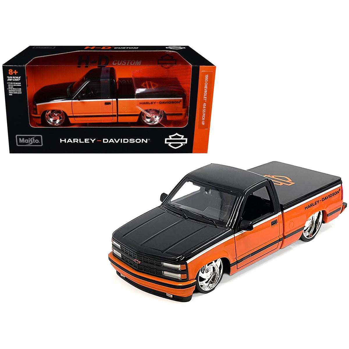 1993 Chevrolet 454 SS Pickup Truck "Harley Davidson" Black and Orange "H-D Custom" Series 1/24 Diecast Model Car by Maisto-Maisto-ModelCars.com