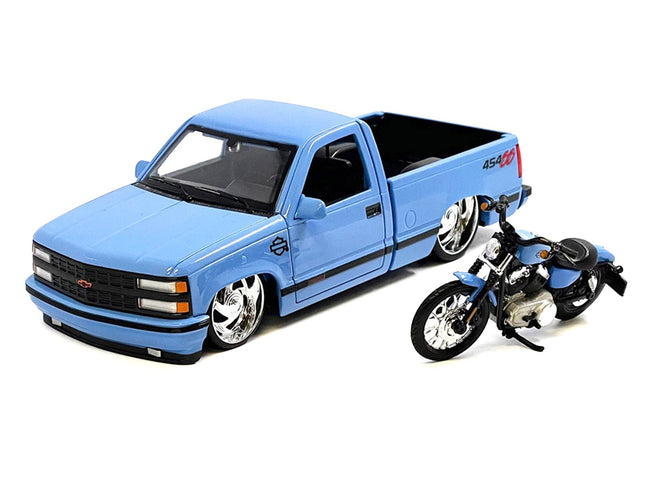 1993 Chevrolet 454 SS Pickup Truck "Harley Davidson" Light Blue and 2007 Harley-Davidson XL 1200N Nightster Motorcycle Light Blue "H-D Custom" Series 1/24 Diecast Model Car by Maisto-Maisto-ModelCars.com