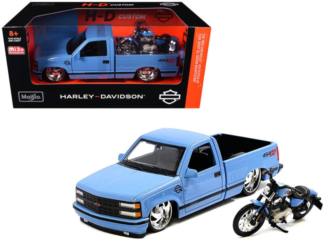 1993 Chevrolet 454 SS Pickup Truck "Harley Davidson" Light Blue and 2007 Harley-Davidson XL 1200N Nightster Motorcycle Light Blue "H-D Custom" Series 1/24 Diecast Model Car by Maisto-Maisto-ModelCars.com