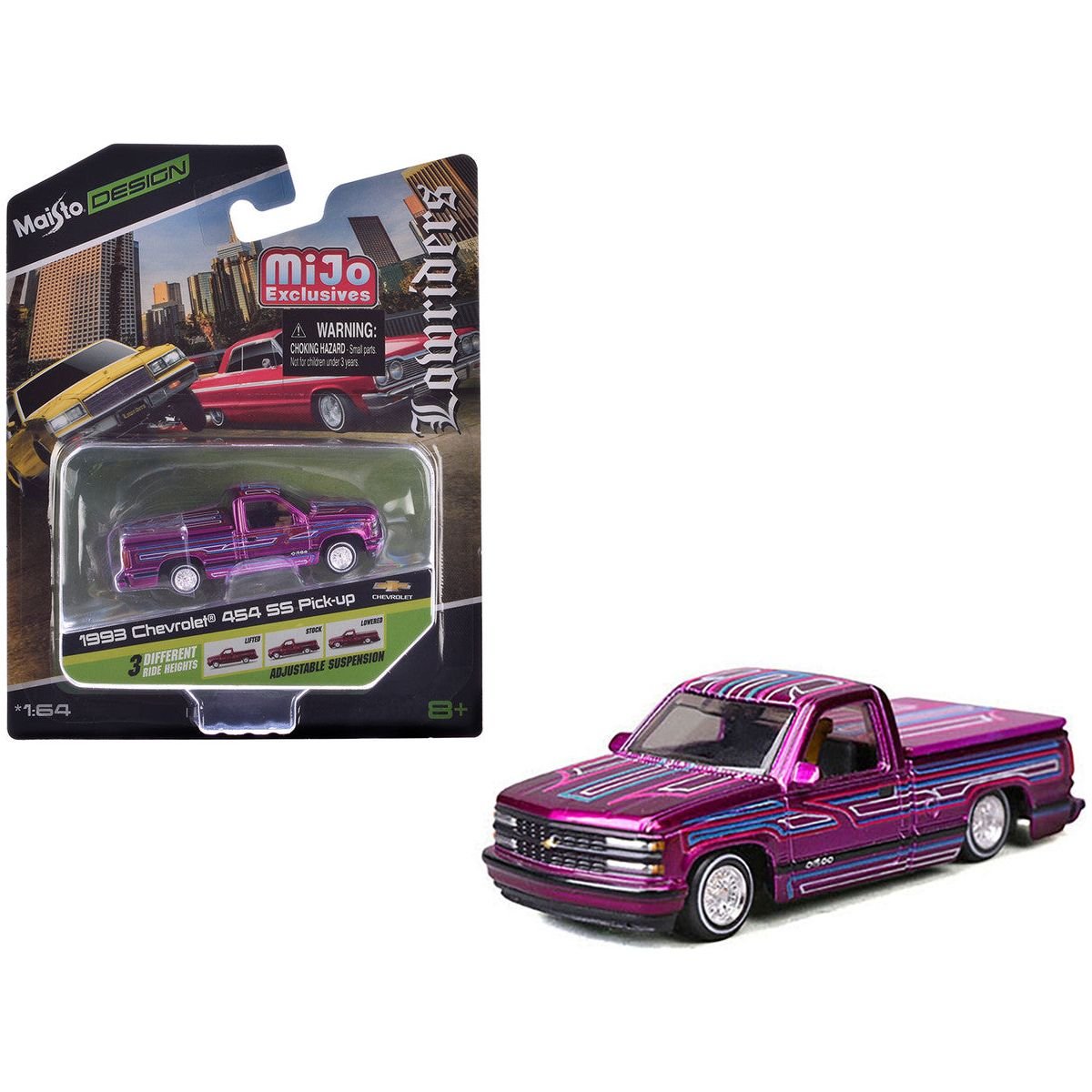 1993 Chevrolet 454 SS Pickup Truck "Lowriders" Purple Metallic with Graphics "Maisto Design" Series 1/64 Diecast Model Car by Maisto - Maisto - ModelCars.com