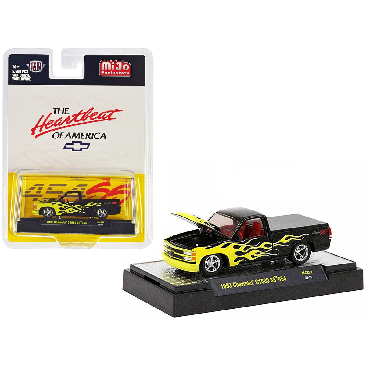 1993 Chevrolet C1500 SS 454 Pickup Truck Black with Yellow Flames and Red Interior "The Heartbeat of America" Limited Edition to 5500 pieces Worldwide 1/64 Diecast Model Car by M2 Machines-M2-ModelCars.com