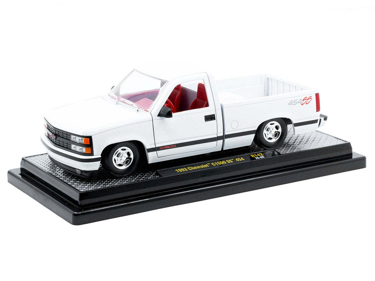 1993 Chevrolet C1500 SS 454 Pickup Truck White with Red Interior Limited Edition to 9600 pieces Worldwide 1/24 Diecast Model Car by M2 Machines-M2-ModelCars.com