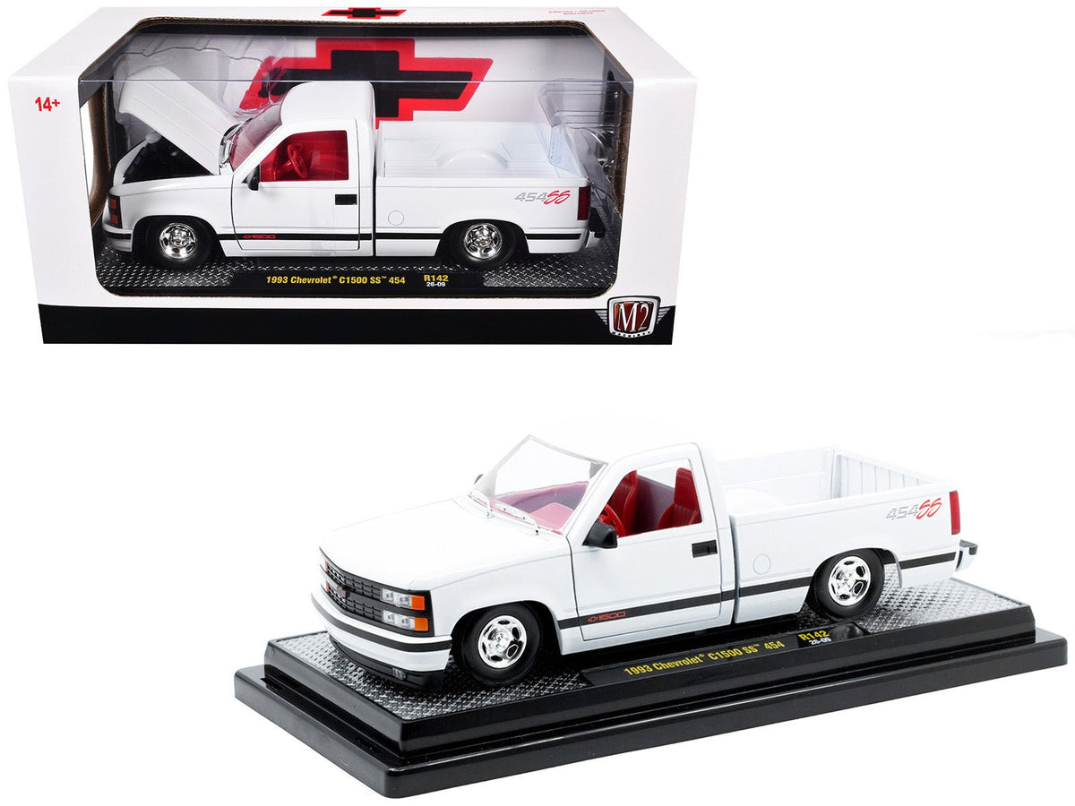 1993 Chevrolet C1500 SS 454 Pickup Truck White with Red Interior Limited Edition to 9600 pieces Worldwide 1/24 Diecast Model Car by M2 Machines-M2-ModelCars.com
