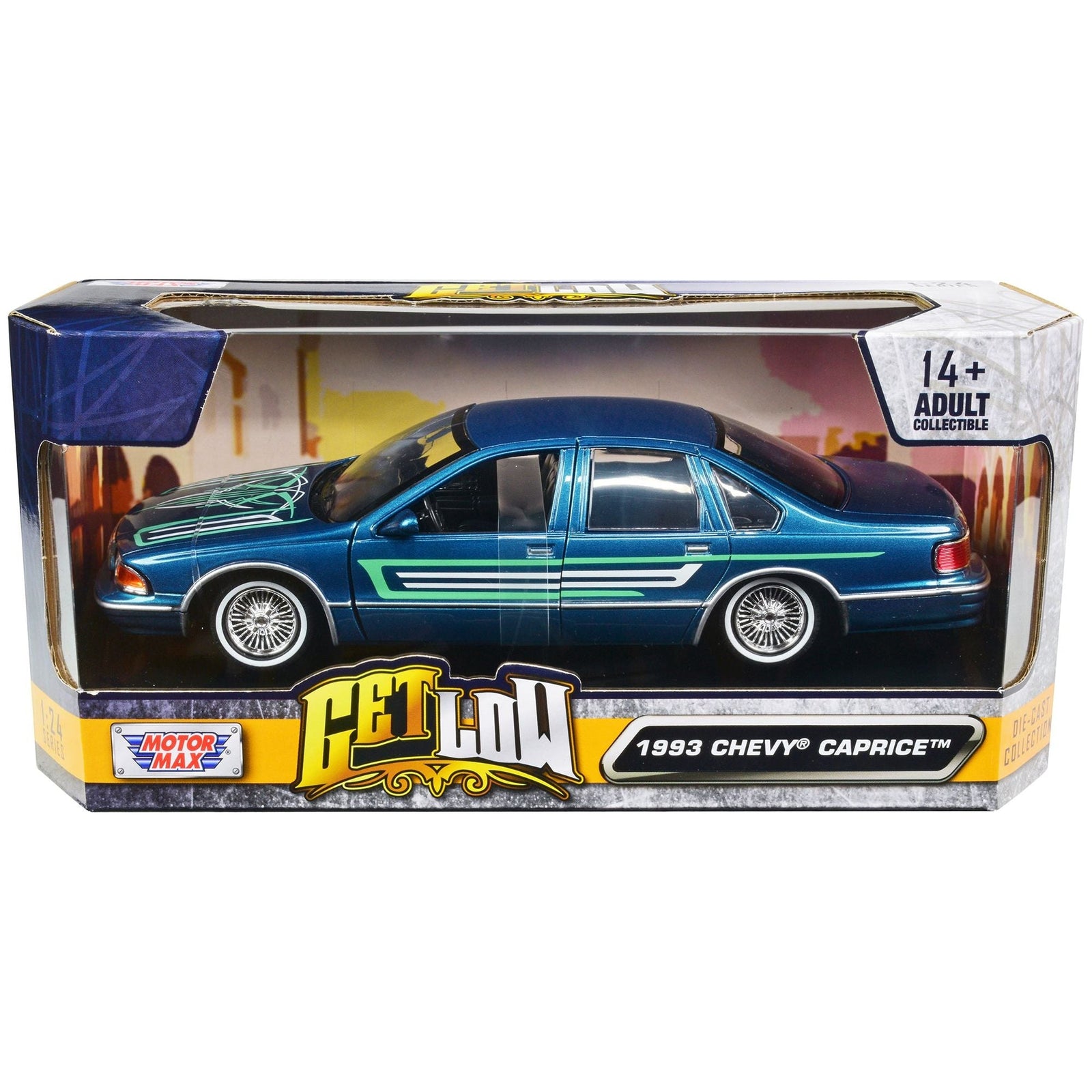 1993 Chevrolet Caprice Lowrider Blue Metallic with Graphics "Get Low" Series 1/24 Diecast Model Car by Motormax - Motormax - ModelCars.com