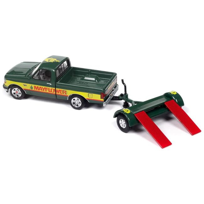 1993 Ford F - 150 Pickup Truck Green and Yellow "Mayflower" with Tow Dolly "Tow & Go" Series 1/64 Diecast Model Car by Johnny Lightning - Johnny Lightning - ModelCars.com