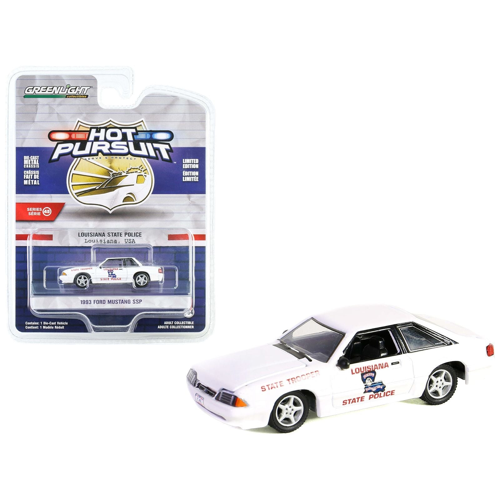 1993 Ford Mustang SSP White "Louisiana State Police State Trooper" "Hot Pursuit" Series 45 1/64 Diecast Model Car by Greenlight - Greenlight - ModelCars.com