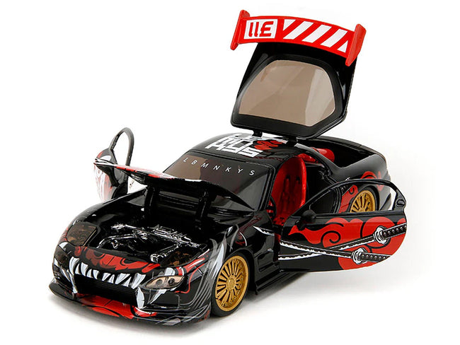 1993 Mazda RX-7 Black with Graphics "Lab Monkeys" with Saru Diecast Figure "Hollywood Rides" Series 1/24 Diecast Model Car by Jada-Jada-ModelCars.com