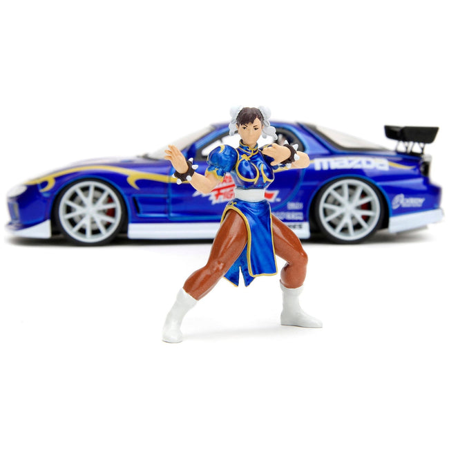 1993 Mazda RX - 7 Candy Blue Metallic with Graphics and Chun - Li Diecast Figure "Street Fighter" Video Game "Anime Hollywood Rides" Series 1/24 Diecast Model Car by Jada - Jada - ModelCars.com