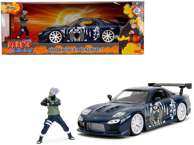 1993 Mazda RX-7 Dark Blue with Graphics and Kakashi Hatake Diecast Figure "Naruto Shippuden" (2009-2017) TV Series "Anime Hollywood Rides" Series 1/24 Diecast Model Car by Jada-Jada-ModelCars.com