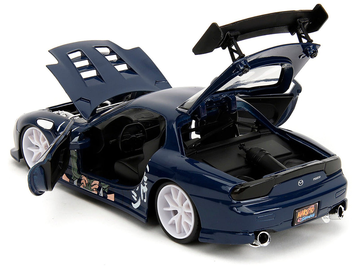 1993 Mazda RX-7 Dark Blue with Graphics and Kakashi Hatake Diecast Figure "Naruto Shippuden" (2009-2017) TV Series "Anime Hollywood Rides" Series 1/24 Diecast Model Car by Jada-Jada-ModelCars.com