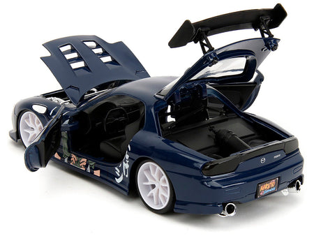 1993 Mazda RX-7 Dark Blue with Graphics and Kakashi Hatake Diecast Figure "Naruto Shippuden" (2009-2017) TV Series "Anime Hollywood Rides" Series 1/24 Diecast Model Car by Jada-Jada-ModelCars.com