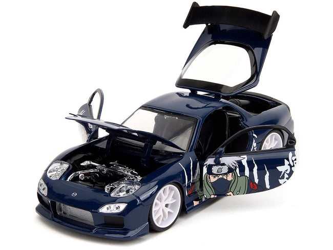 1993 Mazda RX-7 Dark Blue with Graphics and Kakashi Hatake Diecast Figure "Naruto Shippuden" (2009-2017) TV Series "Anime Hollywood Rides" Series 1/24 Diecast Model Car by Jada-Jada-ModelCars.com