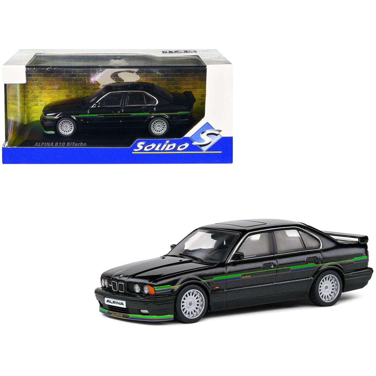 1994 BMW E34 Alpina B10 BiTurbo Black Metallic with Green Graphics 1/43 Diecast Model Car by Solido-Solido-ModelCars.com